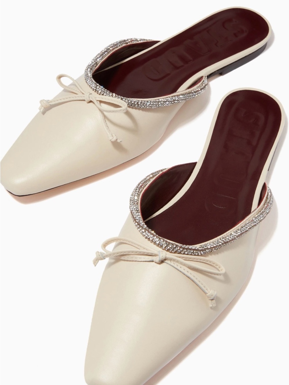 STAUD Bridal Ivory Pointed Toe Slip-On Flats with Rhinestone Trim